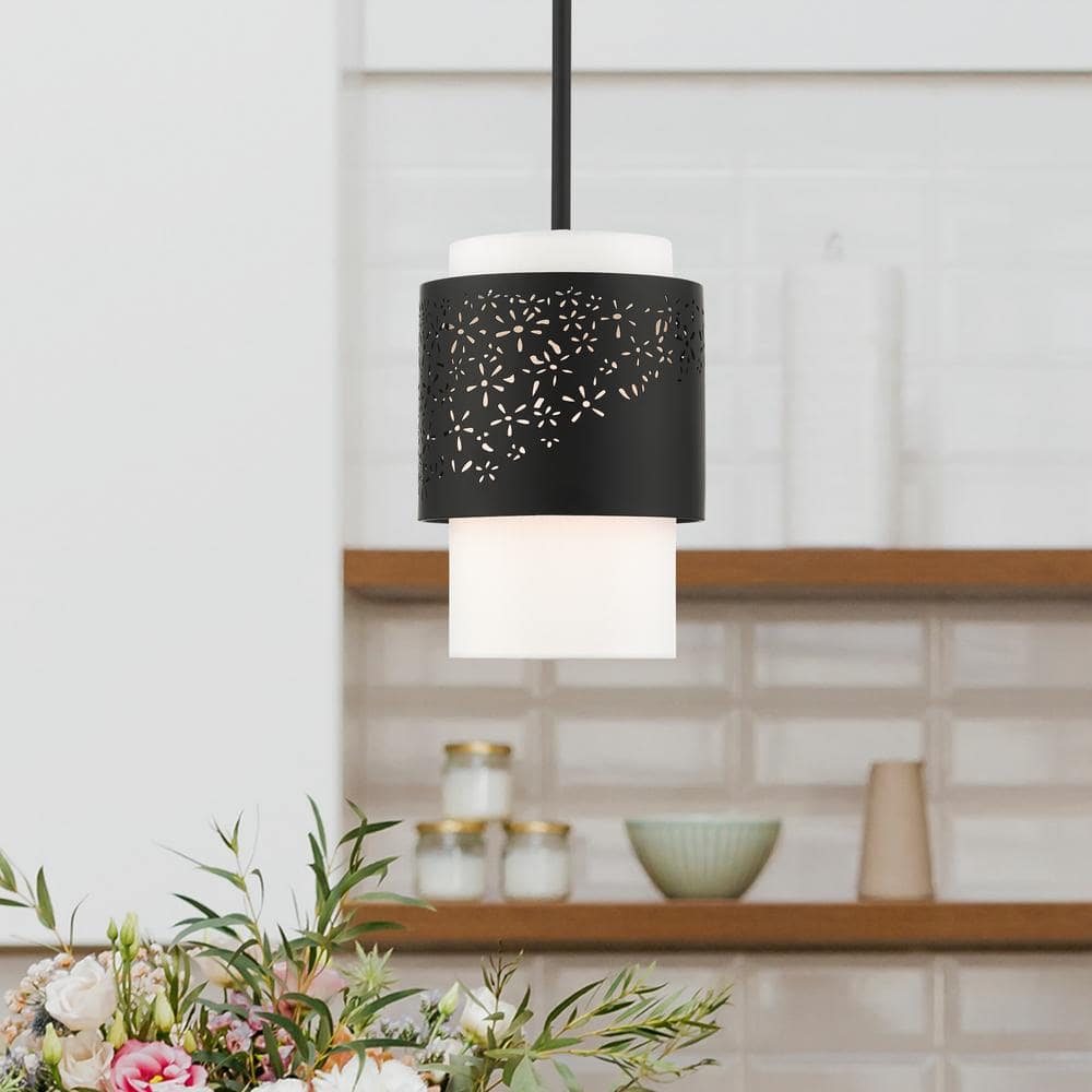 Noria Black Steel Drum Pendant with Off-White Fabric Shade