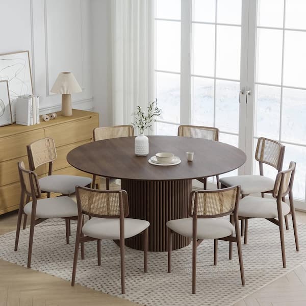 Dovelina 60 in. Natural Oak Wood Walnut Color Column Pedestal Round Kitchen Table Dining Table Seats 6