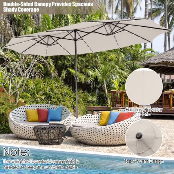 double vented patio umbrellas with lights Clihome 15 ft. Double-Sided Solar LED Lighted Patio Umbrella in Beige with Crank and Vented Canopy for Backyard Garden