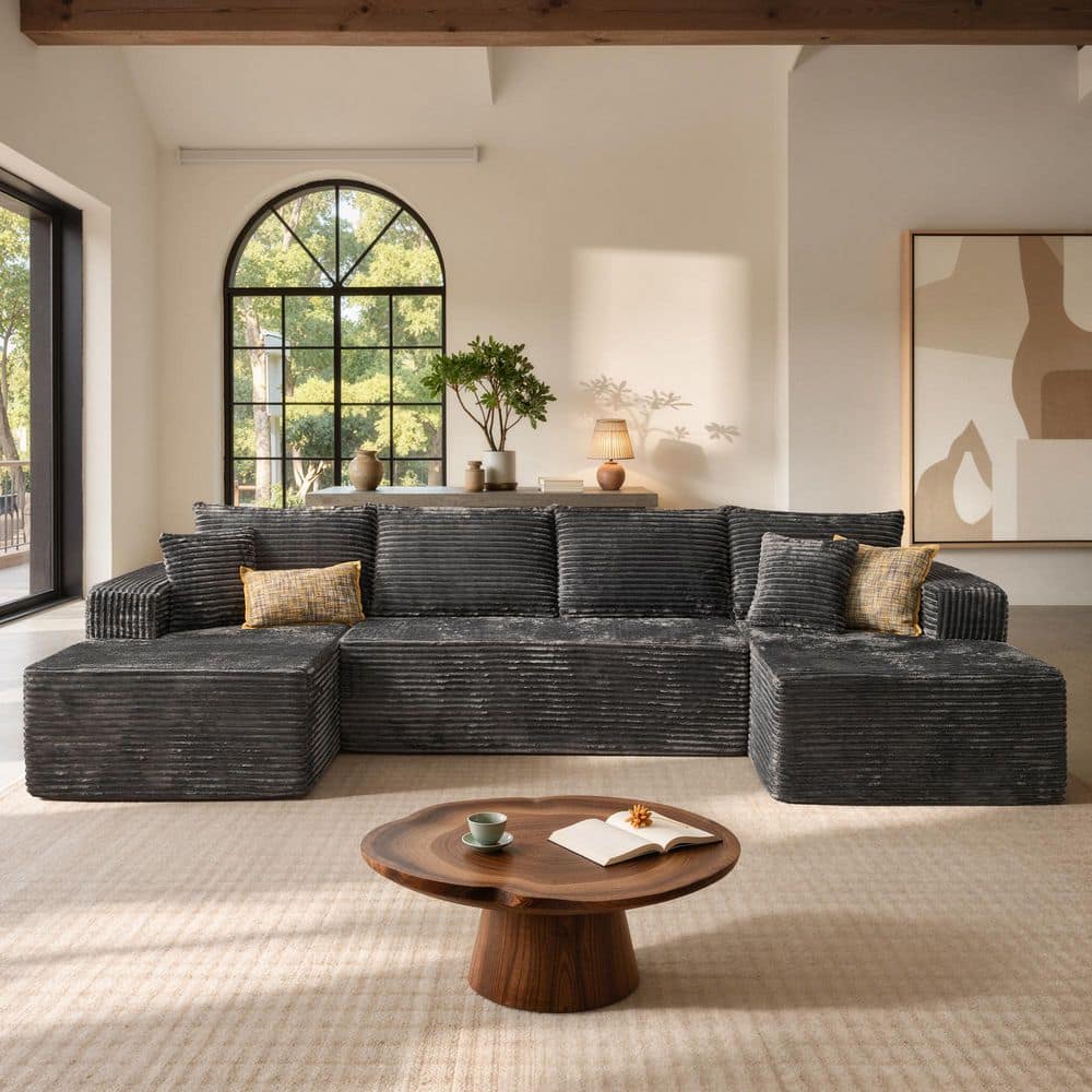Opal 134 in. Wide Arm 3-Piece Plush Corduroy U-Shape Modular Boneless Sectional Sofa Couch in Gray with 2 Chaises