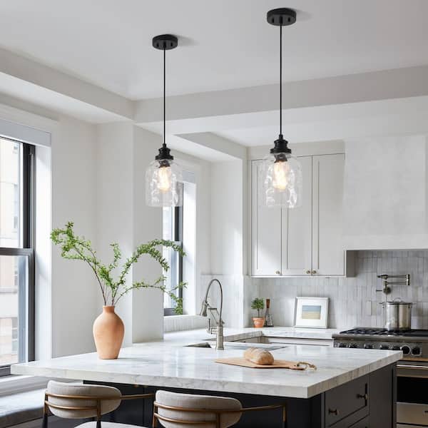 1-Light Black Mini Island Pendant Light with Textured Glass Shade