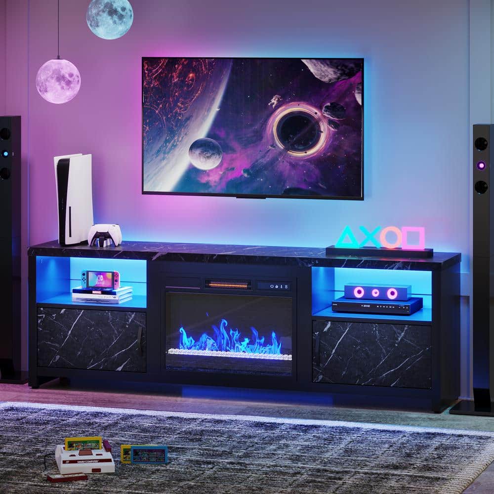 70.8 in. Freestanding LED TV Console with Electric Fireplace, 2-Cabinets and Shelves for 75 in. TVs, Black