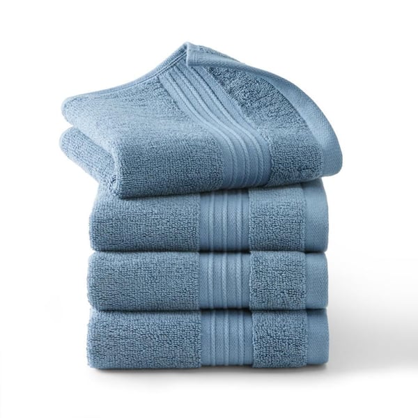 TOWN & COUNTRY LIVING Solid Dobby Border Cotton 13 in. x 13 in. Blue Washcloth Set 4-Pack