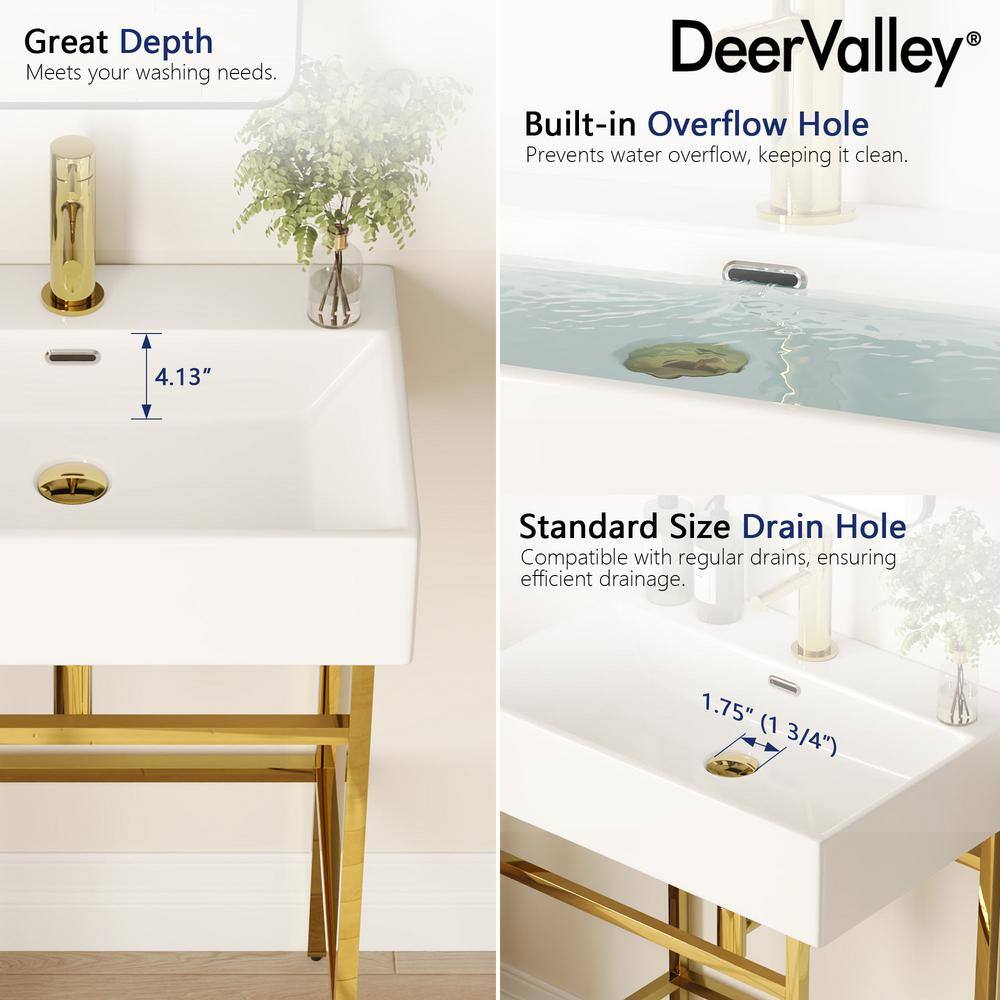 24" White Ceramic Console Sink with Gold Legs