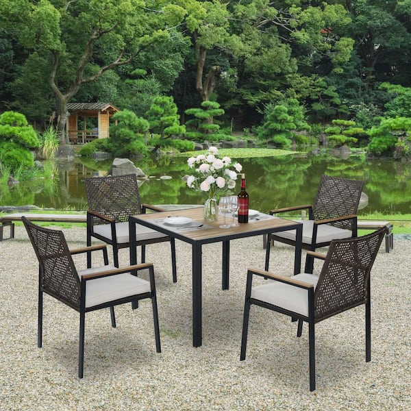 Unbranded Dark Brown 5-Piece Wicker Outdoor Dining Set with Beige Cushion and Acacia Wood Table