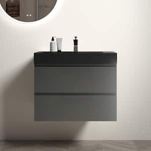 NOBLE 30 in. W x 18 in. D x 25 in. H Single Sink Floating Bath Vanity in Gray with Black Solid Surface Top (No Faucet)