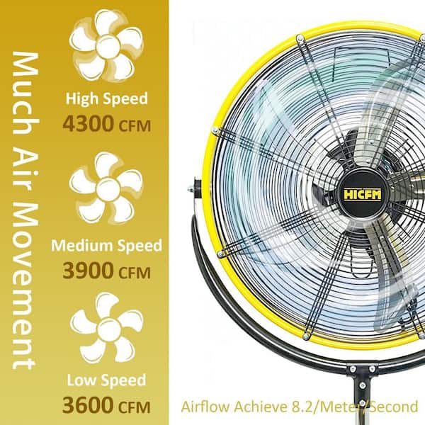HICFM 20 in. Yellow Tilting Pedestal Fan, 4300 CFM 3-Speed High Velocity Fan with 1/5 HP Motor for Garage, Warehouse