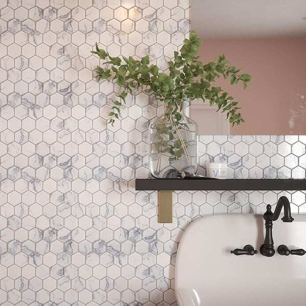 Cove 2 in. Hex White 12.375 in. x 10.75 in. Hexagon Gloss Glass Mosaic Wall Tile (18.47 sq. ft./Case)