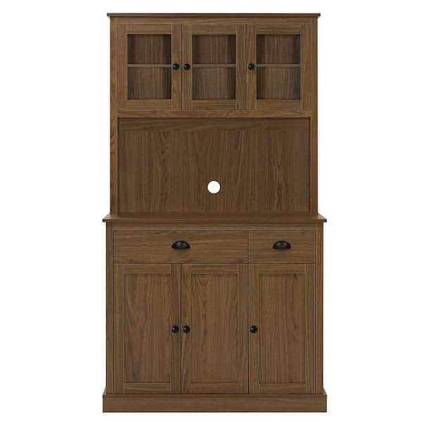 VEIKOUS 71 in. H Walnut Kitchen Pantry Hutch Cabinet Storage with Buffet Cupboard, Microwave Stand and Adjustable Shelves