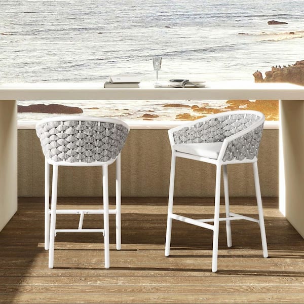 27.5 in. Rope Barrel Low Back Acrylic Outdoor Counter Stool with White Neutral Cushion (2-Pack)