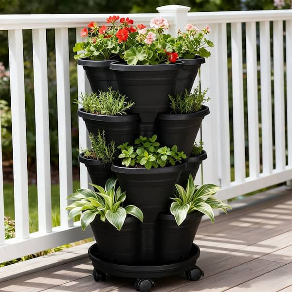 Landan Medium Black Resin 4-Tiered Planter Self Watering with Drainage Holes (15.5 in. L x 15 in. W x 25 in H)