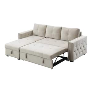 Reversible 90.5in. Beige Velvet Sleeper Sectional Sofa L-Shape 3 Seat Sectional Couch with Storage