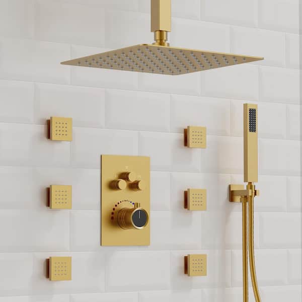 Multiple Press 7-Spray Ceiling Mount 12 in. Fixed and Handheld Shower Head 2.5 GPM in Brushed Gold
