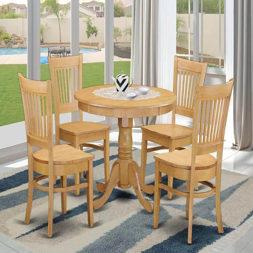 Natural Oak Finish Round Dining Table with 4 High Back Chairs