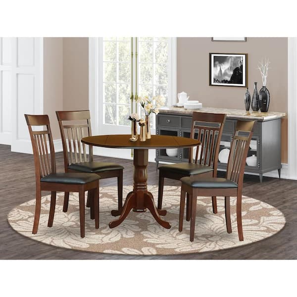 5-Piece Round Mahogany Finish Solid Wood Top Dining table with 4 Chairs with Drop Leaf Lattice Back