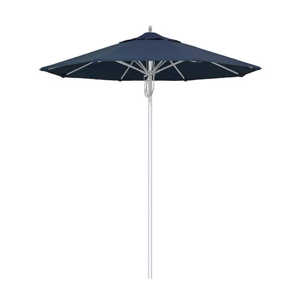 California Umbrella 7.5 ft. Silver Aluminum Commercial Market Patio Umbrella Fiberglass Ribs and Pulley Lift in Spectrum Indigo Sunbrella