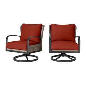 Hazelhurst Brown Wicker Outdoor Patio Swivel Lounge Chair with Sunbrella Henna Red Cushions (2-Pack)