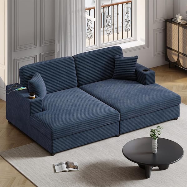 Harper & Bright Designs Oversized 86.5 in. sq. Arm Corduroy Rectangle Chaise Lounge Sofa in Blue with 2-Pillows, 2 USB Ports, 2-Cup Holders