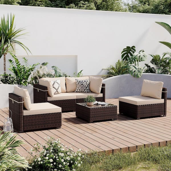 PATIO WATCHER 5-Piece Wicker Patio Conversation Seating Set with Beige Cushions and Coffee Table