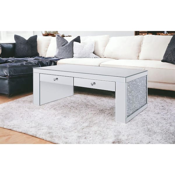 HomeRoots 48 in. Black Rectangle Glass Coffee Table with Storage