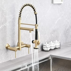 Wall Mount Double Handle Bridge Kitchen Faucet with High Pressure Sprayer in Brushed Gold