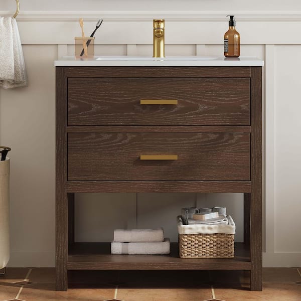 Magen 31 in. Single Sink Bath Vanity in Walnut with White Engineered Solid Surface Top and 2 Drawers (Unassembled)