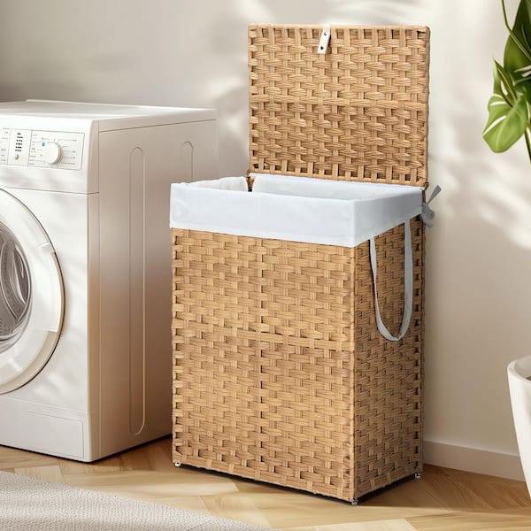 Yellow 18 in. x 23.6 in. Wicker Clothes Laundry Basket, Decorative Basket Laundry Hamper with Lid, Removable Liner