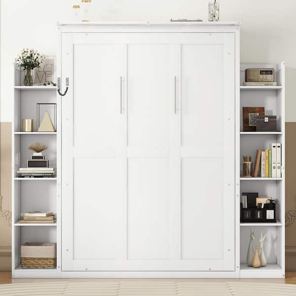 Harper & Bright Designs White Wood Frame Full Size Murphy Bed Wall Bed with Storage Shelves and LED Lights