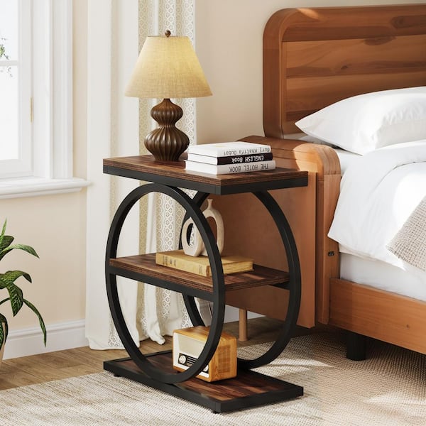 24 in. Dark Brown Rectangle Wood End Table with 3 Tiers Storage Shelves and Adjustable Foot Pads, Easy Assembly