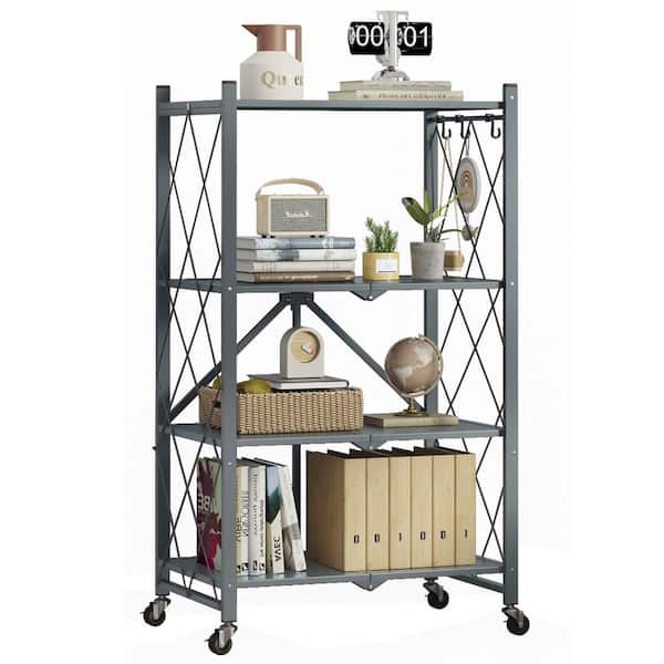 4-Tier Grey Foldable Metal Rack Storage Shelving Unit, Kitchen Shelf with Wheels