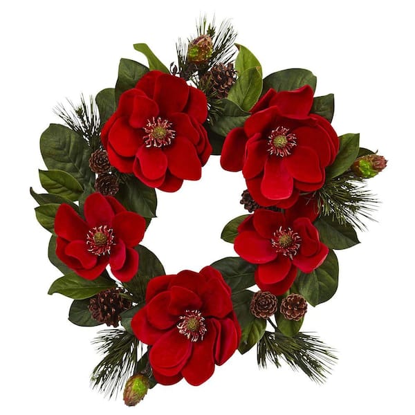 Nearly Natural 24in. Red Magnolia and Pine Artificial Wreath