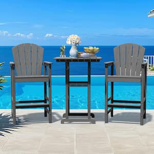 3-Piece Gray Adirondack Patio Bar Plastic Outdoor Dining Set-Bar Height Stool and Chairs