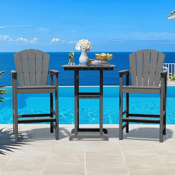 3-Piece Gray Adirondack Patio Bar Plastic Outdoor Dining Set-Bar Height Stool and Chairs