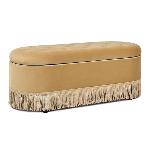Jennifer Taylor Melinda Gold Velvet Oval Tufted Bullion Fringe Storage Dining Bench Backless with Flip Top Storage 48.5 in.