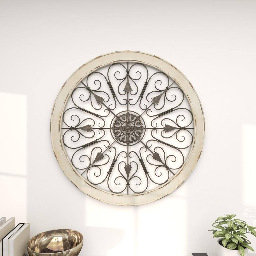 White Distressed Wood and Iron Scroll Wall Decor, 36" Round