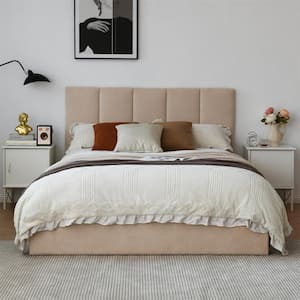 Beige Plywood Frame Queen Velvet Upholstered Platform Bed with Lifting Storage