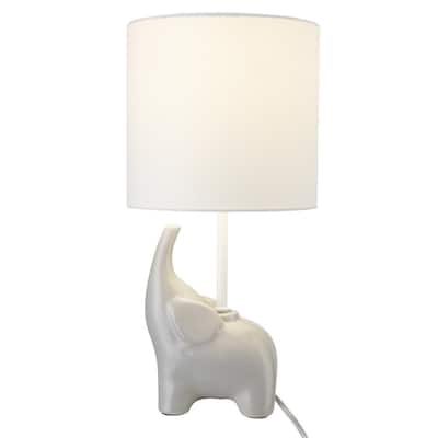Ellie 16.5 in. Light Gray Ceramic Elephant Table Lamp with White Fabric Shade and On/Off Switch on Socket