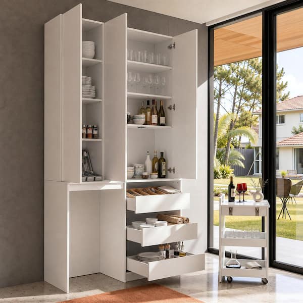 White Wood 47.2 in. Bedroom Armoire with 3-Drawers, Cabinet, and Push Open Doors