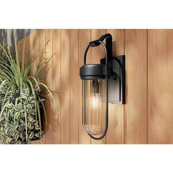 Brix 16 in. 1-Light Textured Black Industrial Outdoor Hardwired Wall Lantern Sconce with No Bulbs Included (1-Pack)