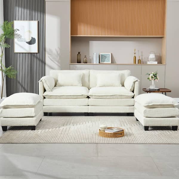HOMEFUN 76 in. Straight Arm 4-Piece Modular Chenille 2-Seater Sectional Sofa in. Beige with 2-Ottomans and Side Pockets