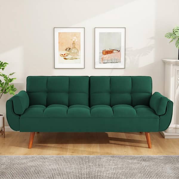 WONDER COMFORT 33 in. Green Linen Twin Size Futon Sofa Bed, Convertible Couch Sleeper with Reclining Split Tufted Back