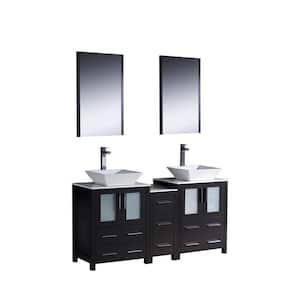 Torino 60 in. Double Vanity in Espresso with Glass Stone Vanity Top in White with White Basins and Mirrors