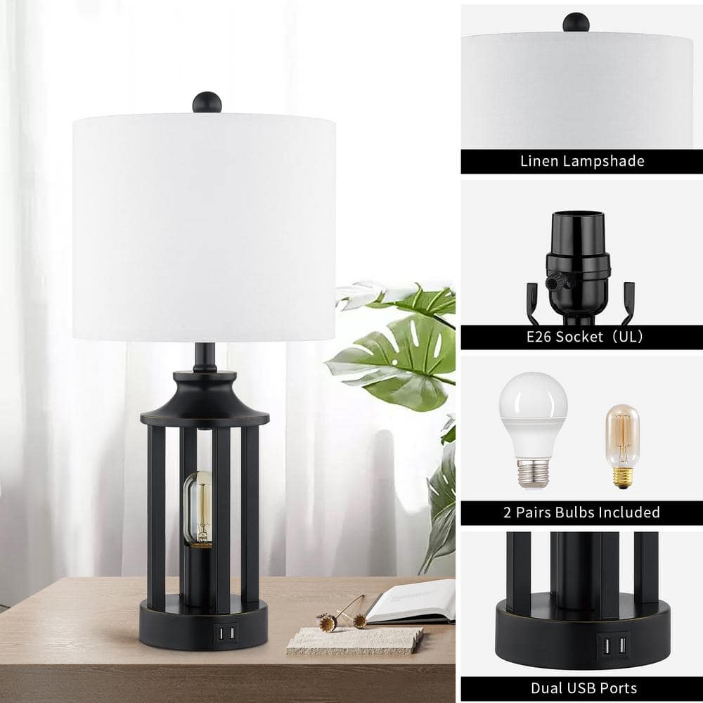 23.6" Black Matte Metal Table Lamp Set with White Linen Drum Shade
