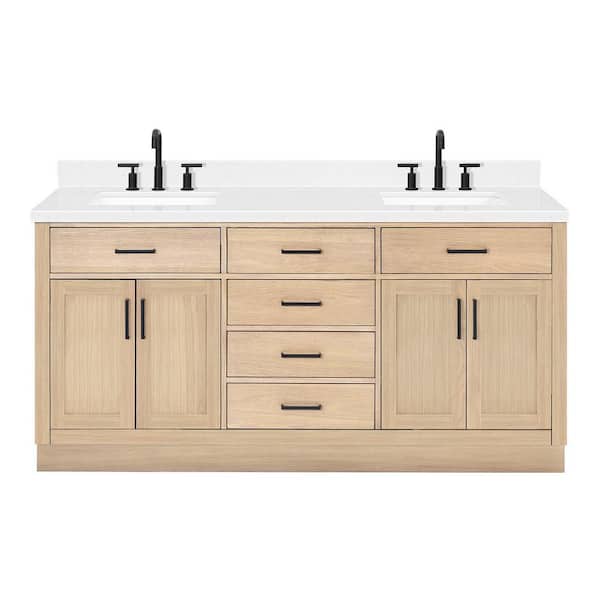 Hepburn 72 in. Double Sink Freestanding Bathroom Vanity in Oak with Carrara White Quartz Top