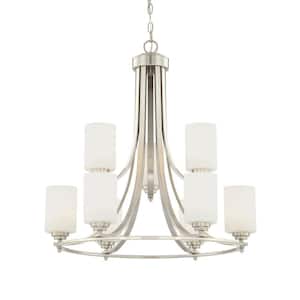 9-Light Satin Nickel Chandelier with Etched White Glass