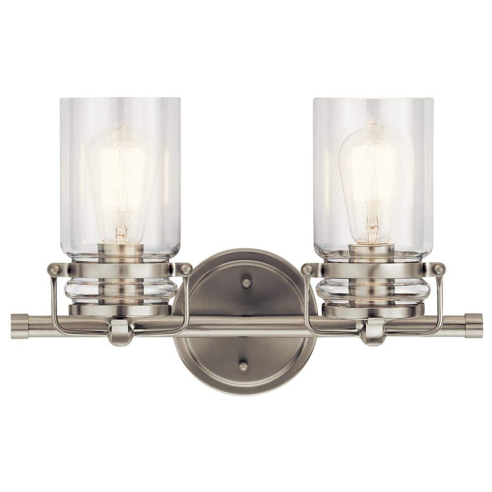 KICHLER Brinley 15.75 in. 2-Light Brushed Nickel Vintage Bathroom Vanity Light with Clear Glass