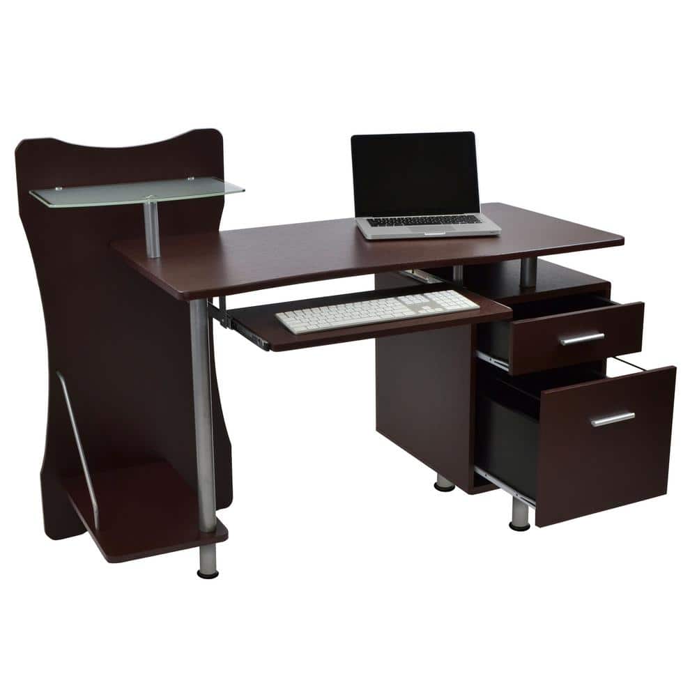 Chocolate Brown Wood Computer Desk with Storage and Keyboard Tray