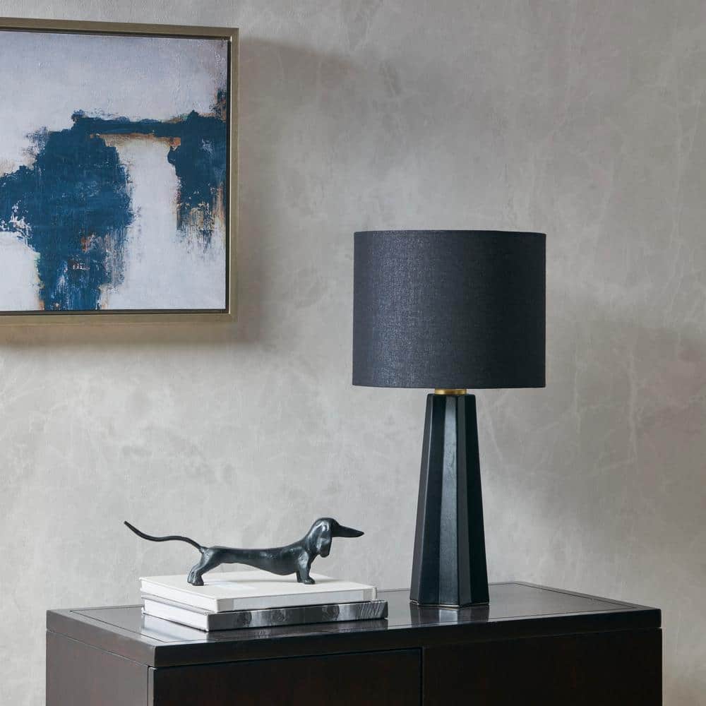 Athena Matte Black Geometric Ceramic Table Lamp with Drum Shade
