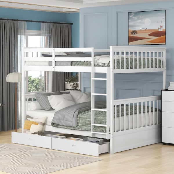 Polibi White Full-Over-Full Bunk Bed with Ladders and 2 Storage Drawers