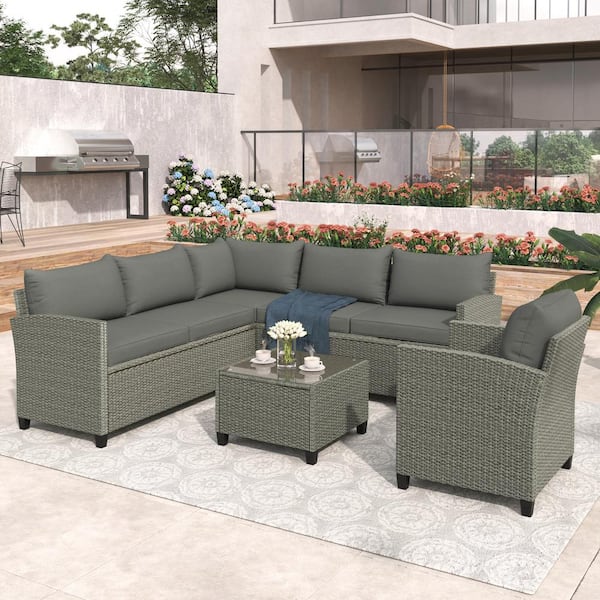 Tunearary Modern 5-Piece Wicker Outdoor Conversation Set with Gary Cushions, Coffee Table and Single Chair